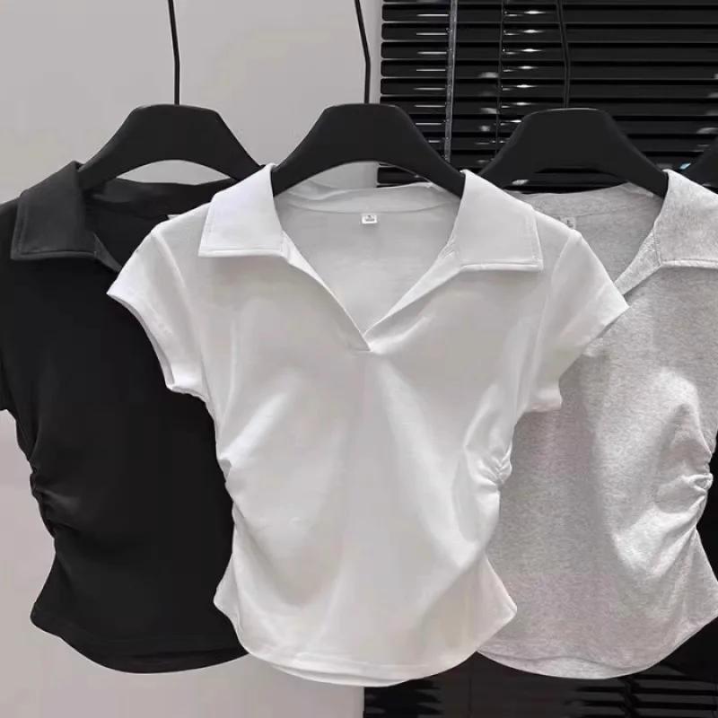 Coton été Sexy femmes t-shirt maigre mince basique solide haut court à manches courtes Polo t-shirt 