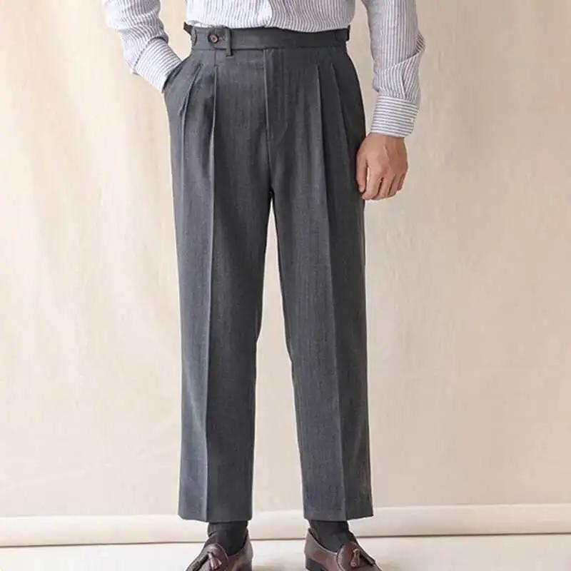 Pantalon droit taille haute pour homme, coupe slim, style britannique, décontracté, vêtements de cér