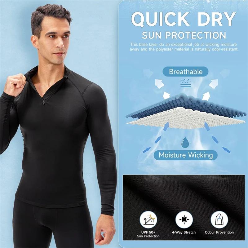 Chemises de compression thermique à fermeture éclair pour hommes, couche de base athlétique doublée 