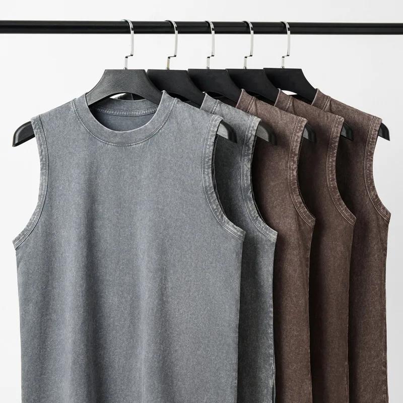 230g pur coton européen et américain haute rue rétro lavé en détresse gilet sans manches hommes déco