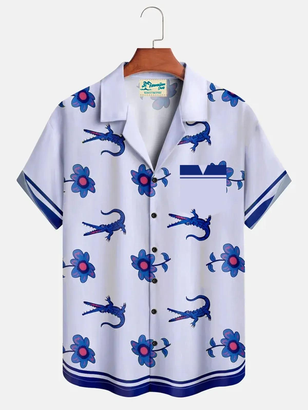 Chemise Crocodile florale pour hommes, chemise hawaïenne d'été à manches courtes, chemise à revers, 