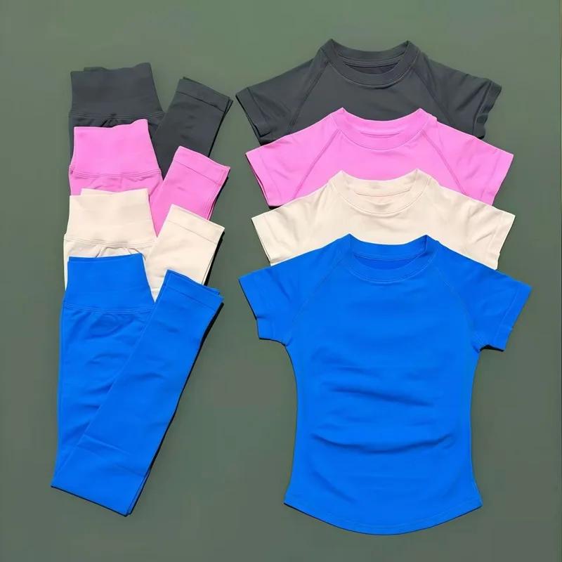 Ensemble de 2 pièces HISTELLO pour femmes : tenue de sport, gym, yoga sans couture à manches courtes
