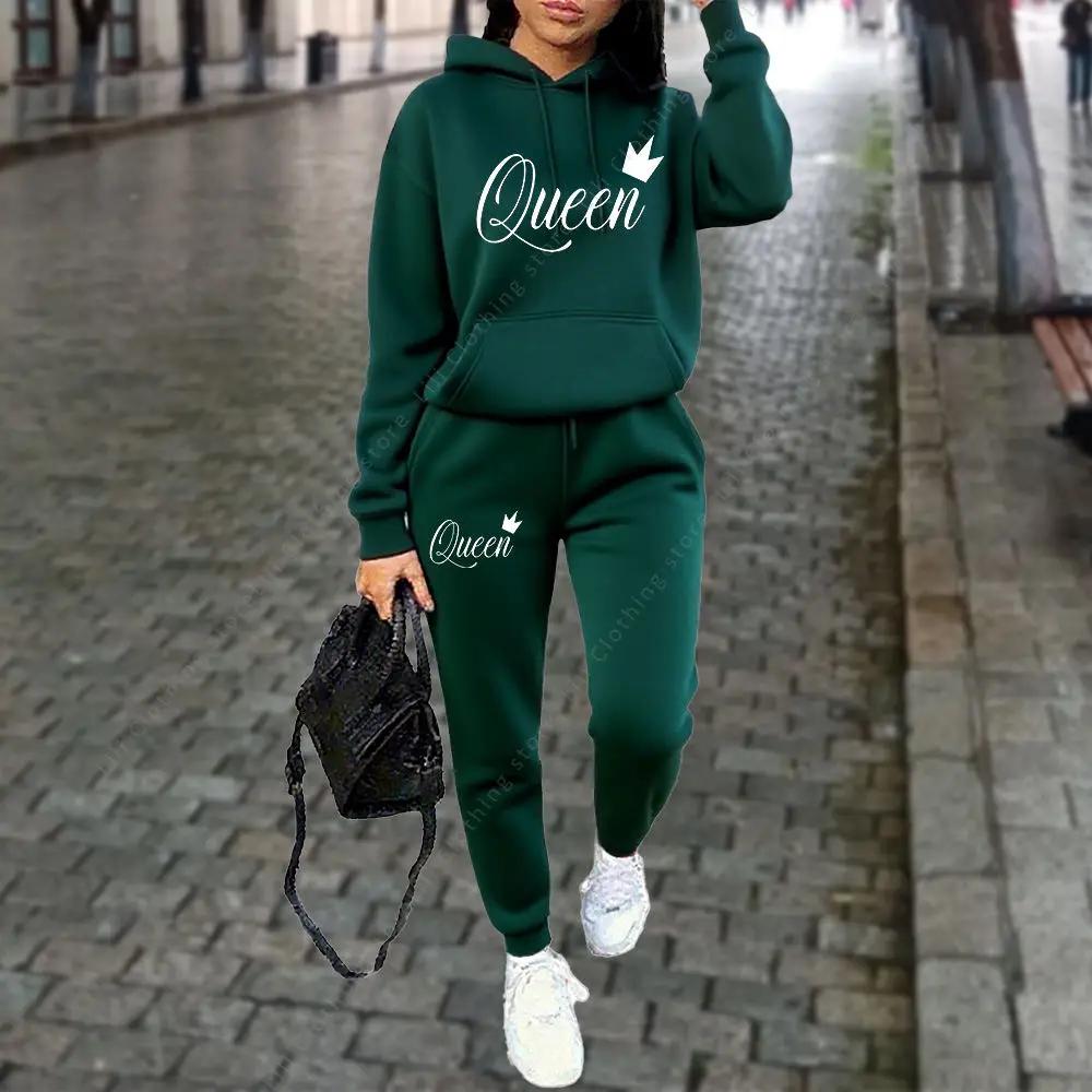 Ensemble 2 pièces pour femme avec imprimé graphique Queen Letter, sweat à capuche et pantalon, tenue