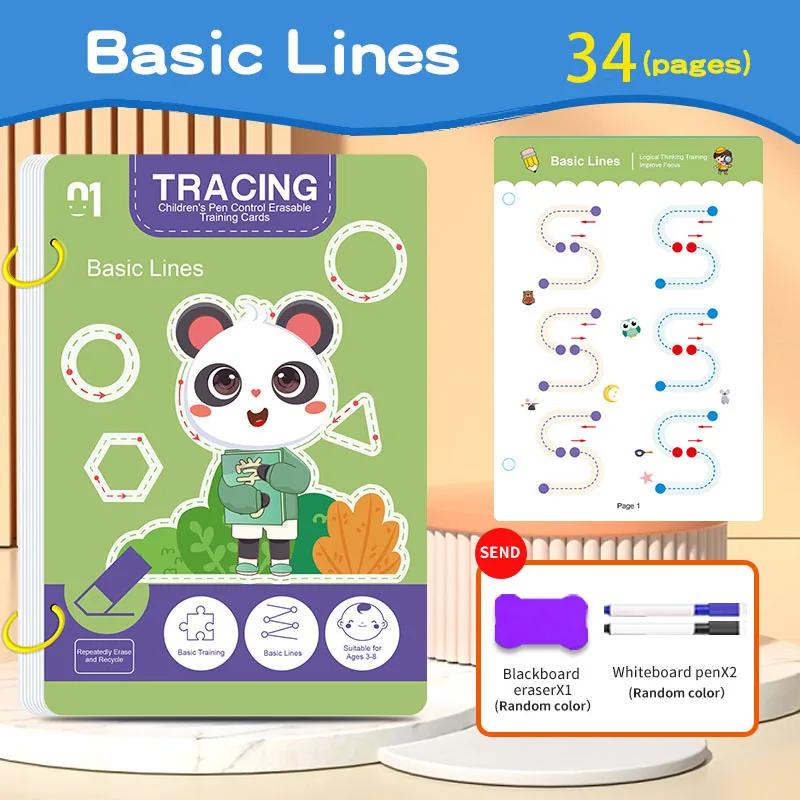 Cahier d'exercices de traçage magique réutilisable de 34 pages, formation éducative au dessin et au 
