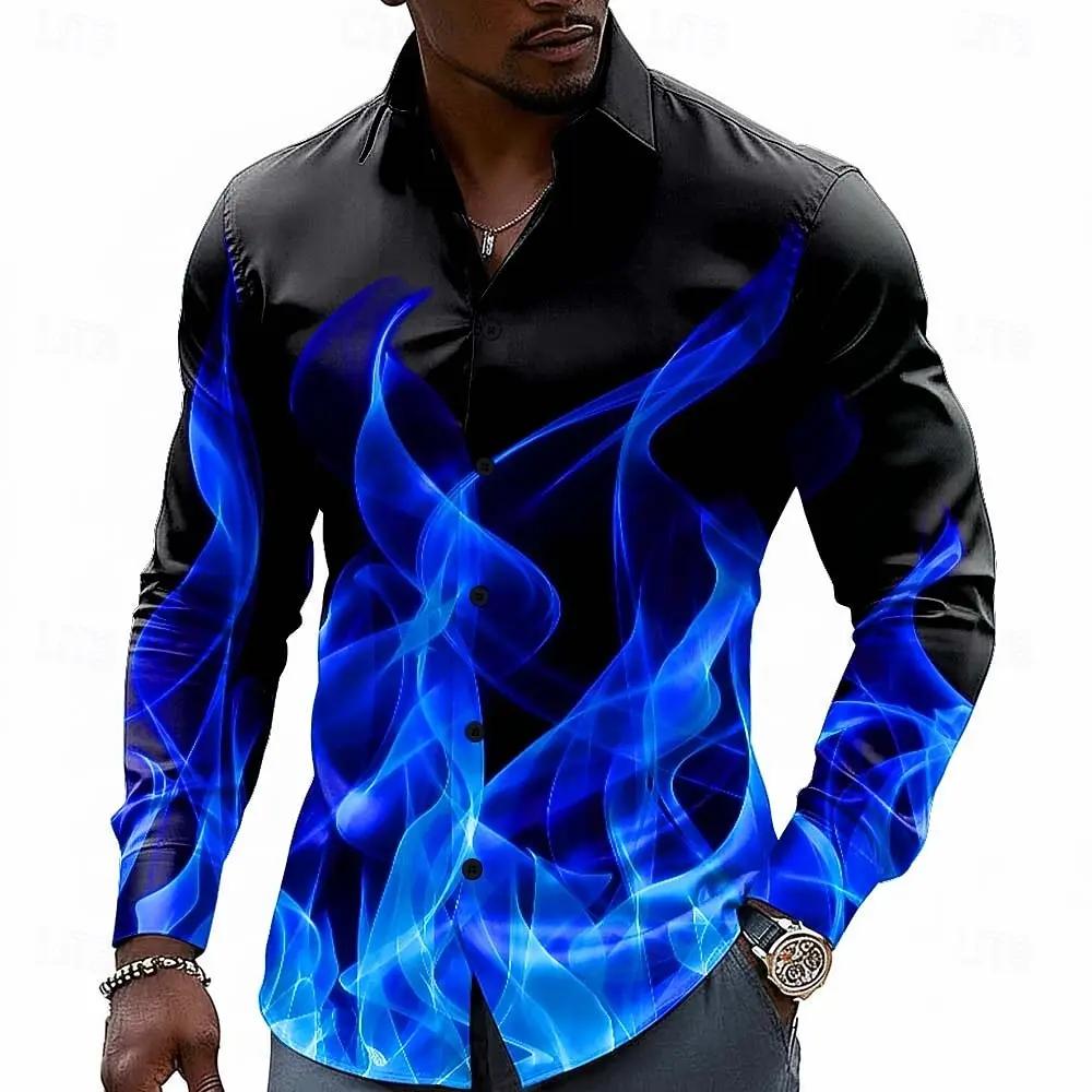 Chemise à boutons pour homme à effet d'illusion optique flamme néon, décontractée, à manches longues