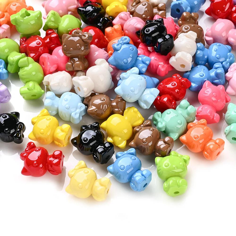 Perles acryliques mélangées au hasard, 50 pièces, perles colorées de chat de dessin animé pour brico
