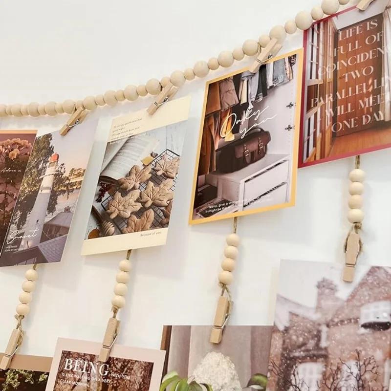 Présentoir de photos suspendu, guirlande de perles en bois, style Boho, tenture murale pour chambre 