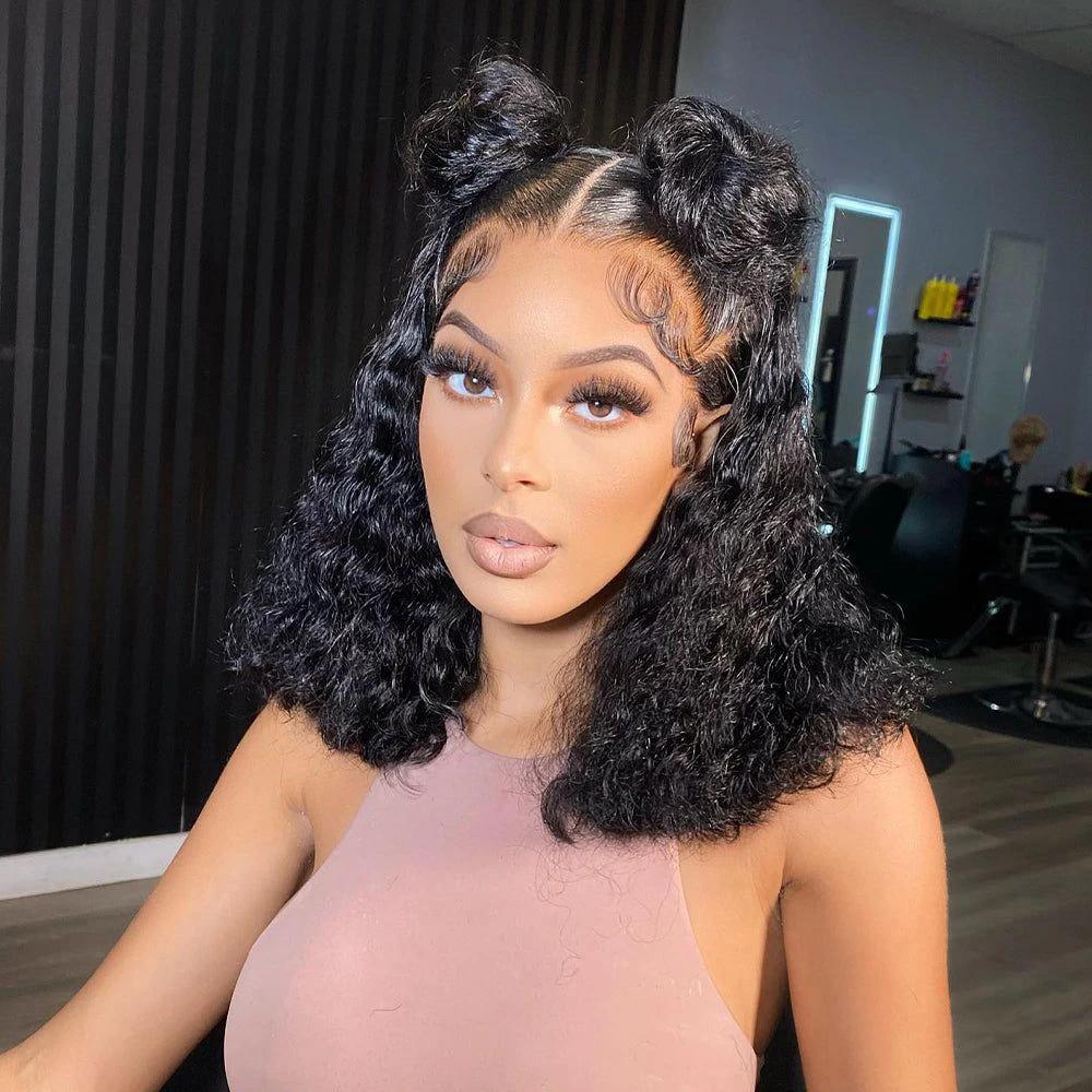 Perruque BOB Lace Front Wig naturelle bouclée, cheveux humains, 13x4 HD, pre-plucked, transparente, 
