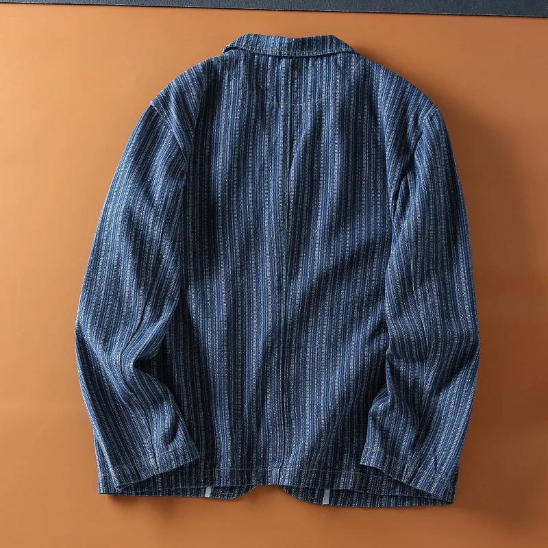 Haute qualité 100% coton japonais rétro Denim corvée Blazer-hommes coupe ample rayé décontracté auto