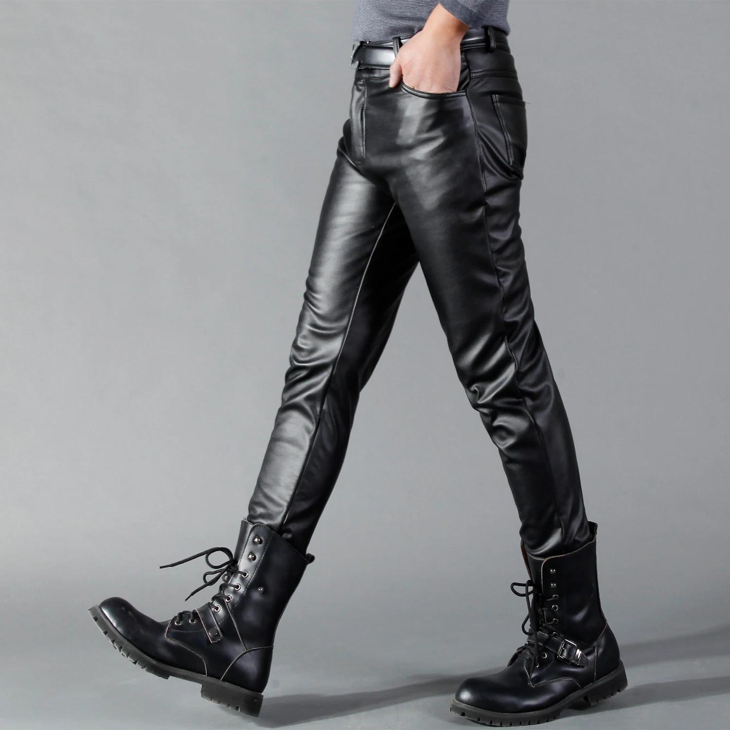 Pantalon en cuir pour hommes, coupe slim, élastique, mode, pantalon de motard en cuir PU, pantalon d