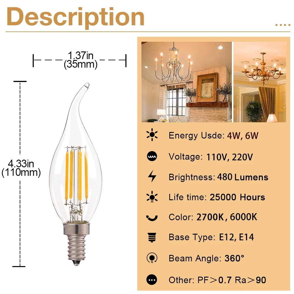 E12 E14 LED lustre ampoule 60W équivalent rétro candélabre ampoules 6000K 2700K blanc chaud 480LM la
