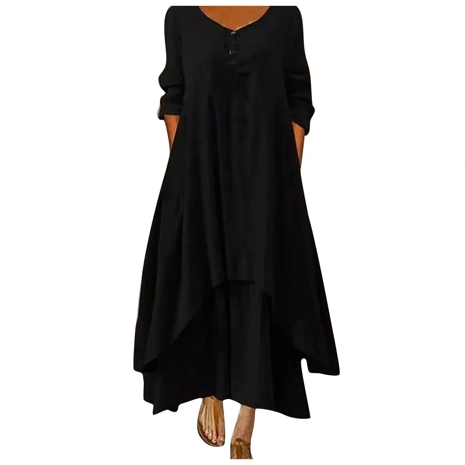 Robe longue en coton pour femmes, décontractée, à la mode, avec boutons, couleur unie, pour document