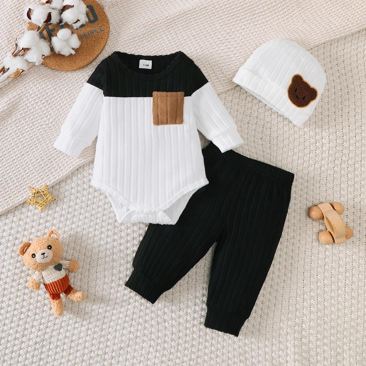 0-18 mois nouveau-né bébé garçon ensemble col rond couleur bloquée body + pantalon + chapeau confort