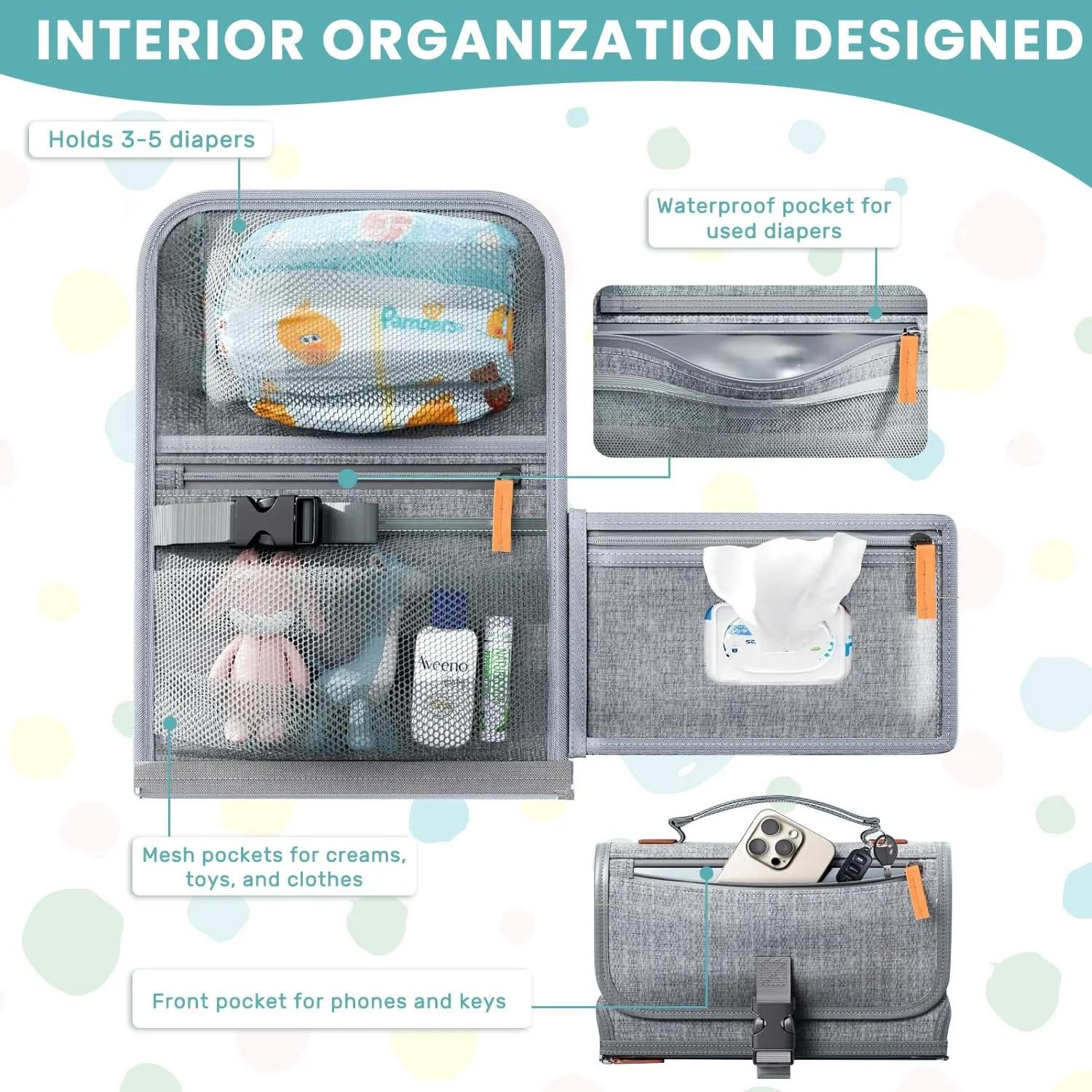 Tapis à langer portable pour bébé, design intelligent, avec poche pour lingettes, pliable, pour les 