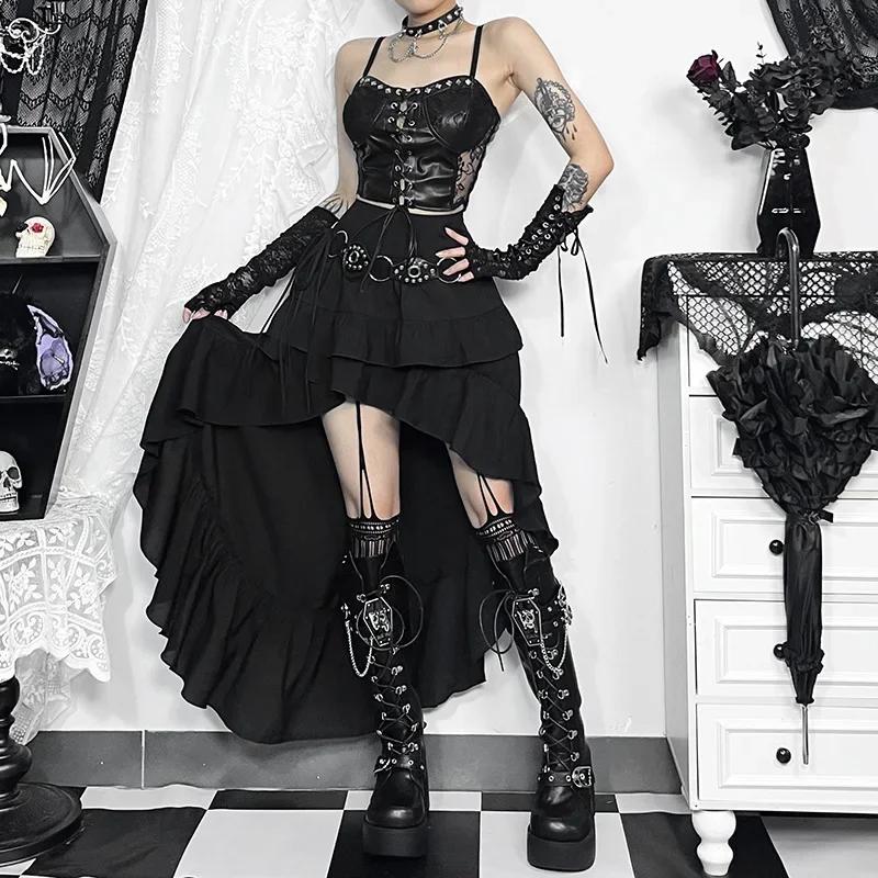 Goth foncé Kawaii noir jupes à plusieurs niveaux 90S rétro ourlet irrégulier bas de fête centre comm