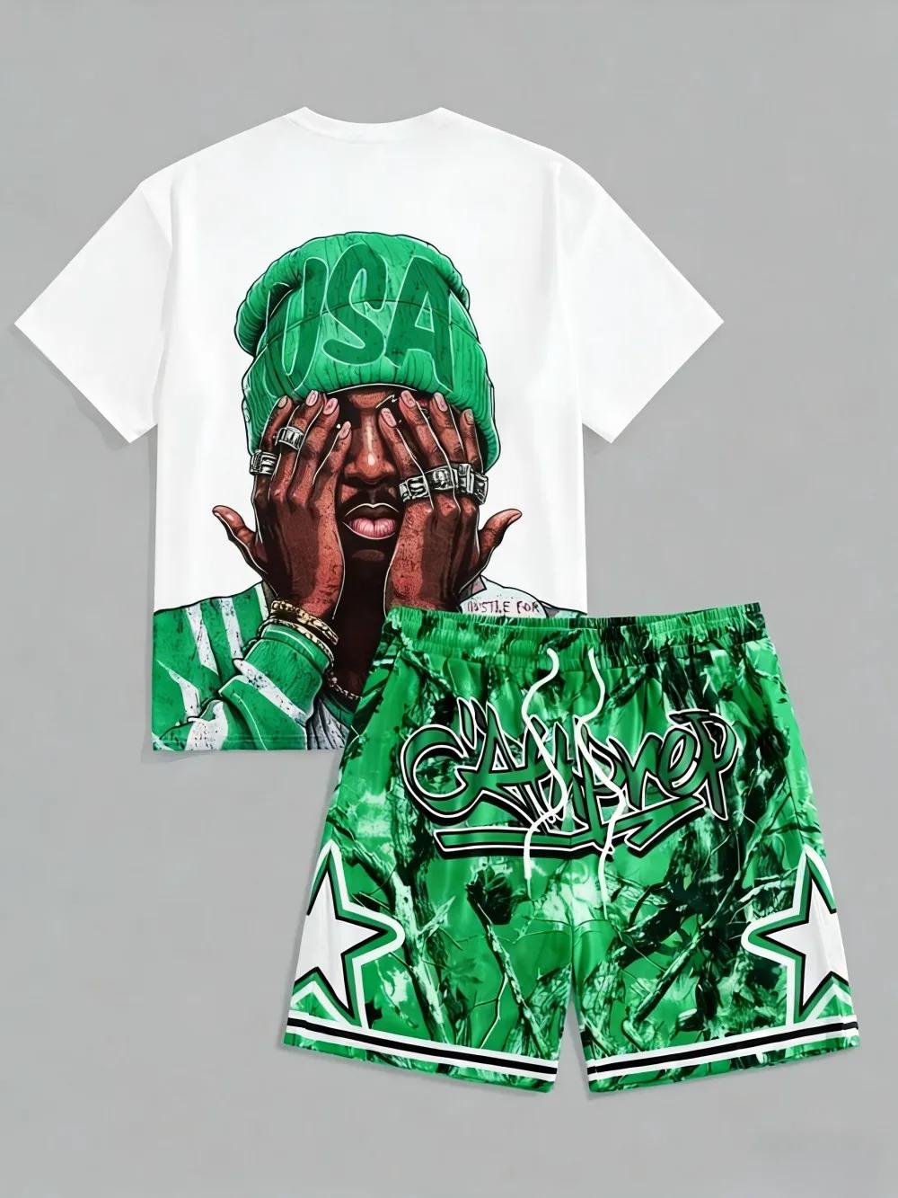 Ensemble T-shirt à col rond et short à cordon pour homme, motif lettres USA, confortable et respiran