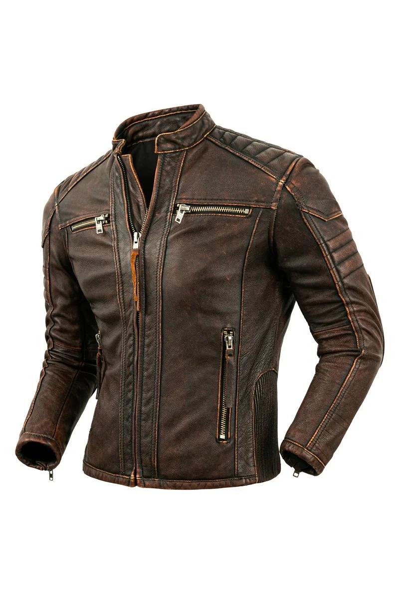 Veste de moto à col montant en cuir de vachette naturel pour hommes, vêtements de motard, marron rét