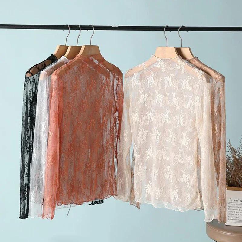Chemise en dentelle florale pour femmes, manches longues, Sexy, chemises à bascule en maille, col mo