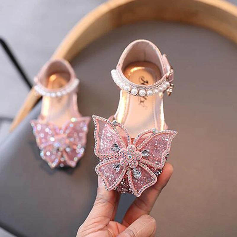 Sandales d'été pour filles, chaussures de princesse à paillettes et nœud en strass, chaussures à tal