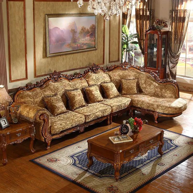 Canapé d'angle en velours de style classique européen, ensemble de meubles de salon de luxe avec ran