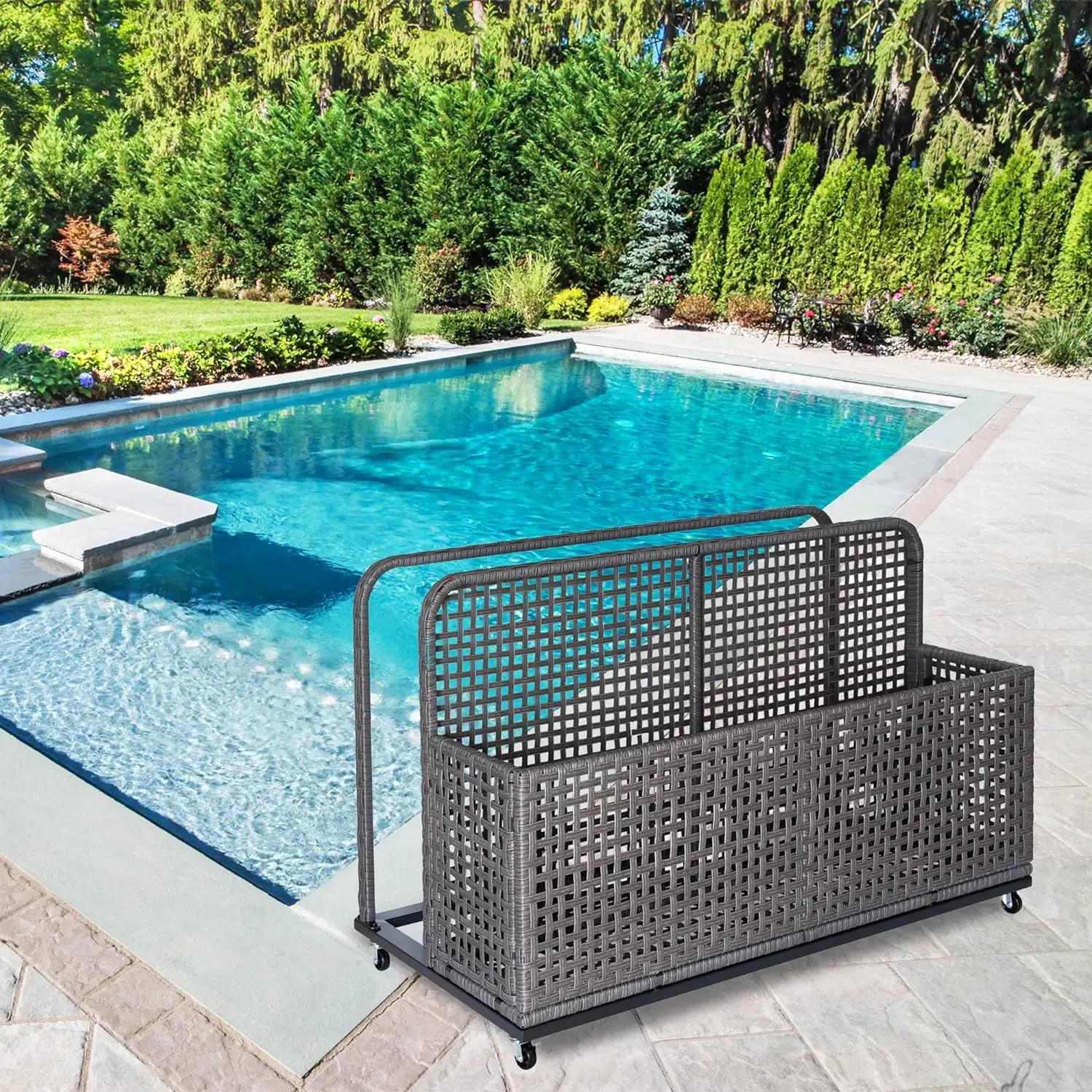 Mir de rangement pour flotteurs au bord de la piscine, caddie de piscine extérieur en rotin PE avec 