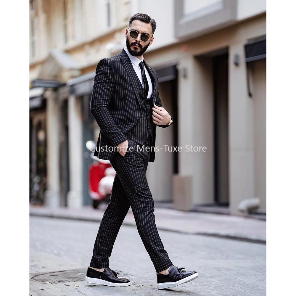 Costume noir à fines rayures pour hommes, ensemble blazer coupe couvertes, veste et pantalon, revers