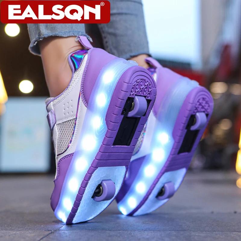 Baskets lumineuses d'été respirantes pour enfants, chaussures à roulettes à deux roues pour filles, 