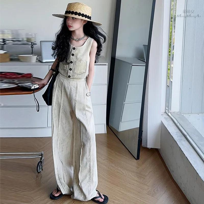 Ensemble de vêtements d'été pour adolescentes de 4 à 14 ans, gilet sans manches + pantalon décontrac