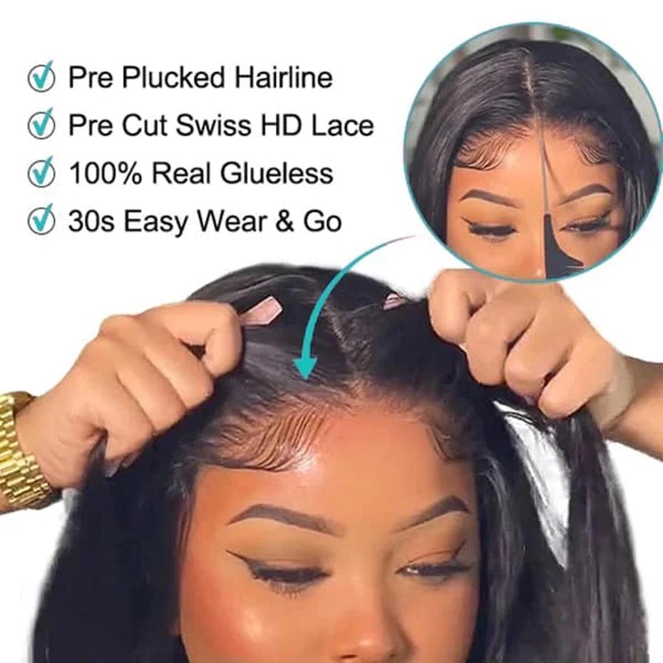 Perruque de cheveux humains droite sans colle pour femmes noires, perruque de fermeture en dentelle 