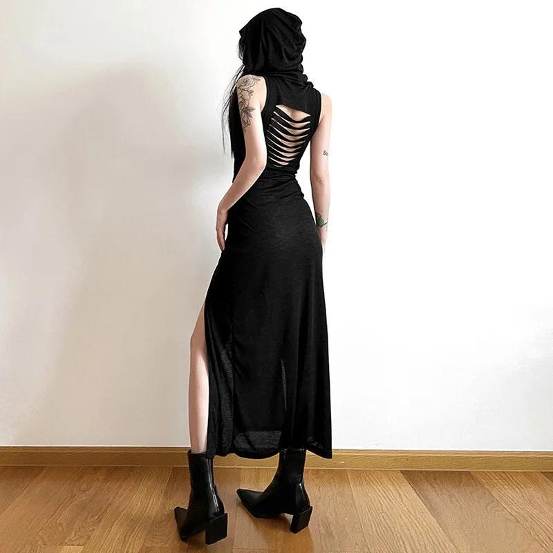 Robe y2k pour femmes, vêtements de couleur unie, sans manches, ajourée dans le dos, fente à capuche,