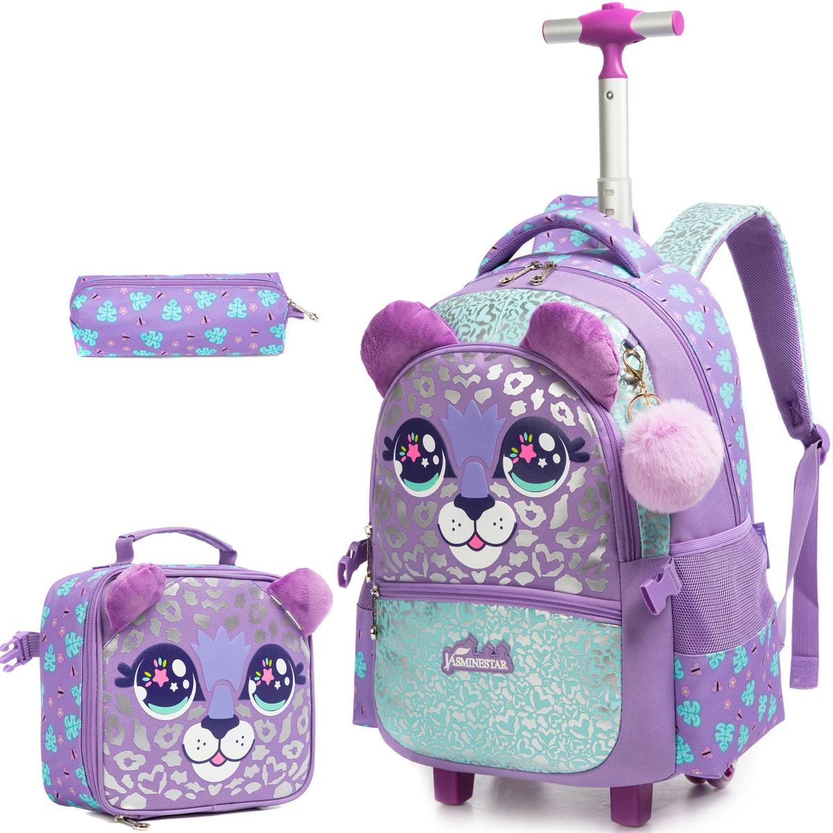 Sac à dos à roulettes pour filles avec boîte à lunch, sacs à dos scolaires à roulettes, sac à dos à 