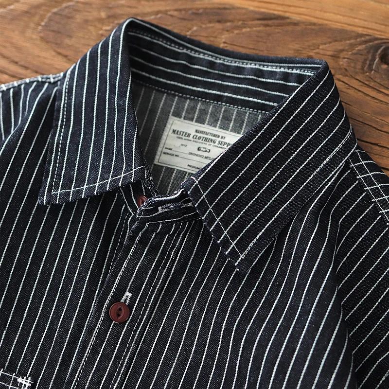Chemise à rayures en Denim pour hommes, rétro américain, poids lourd, broderie Cargo, mode masculine