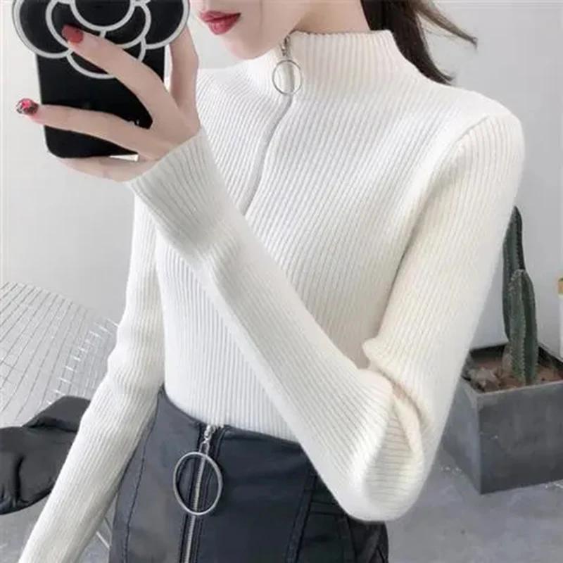 Tricoté femmes fermeture éclair demi col haut Pull pulls automne hiver basique femmes chandails minc