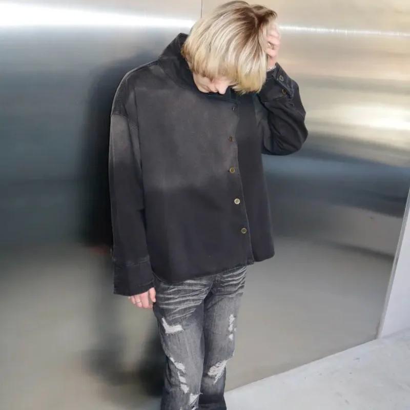 Veste uniforme Y2K Harajuku noire délavée avec boutons, veste en jean style espadrille gothique, str