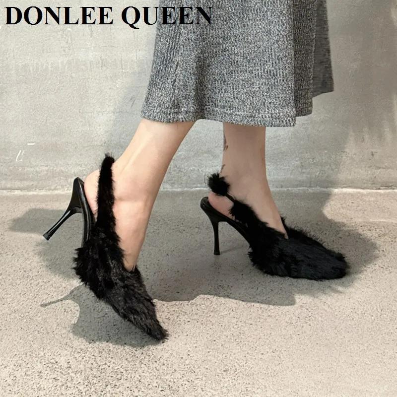 Sandales pointues à bride arrière pour femmes, chaussures à talons hauts, conception de fourrure à e