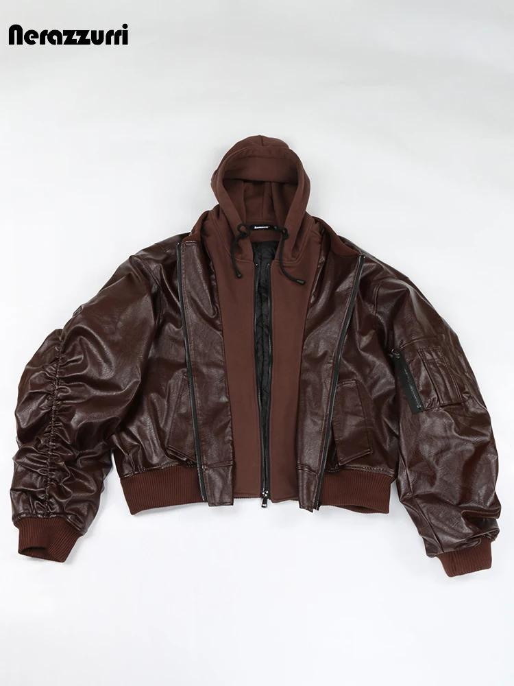 Nerazzurri Blouson en Cuir Chaud et Épais pour Homme, Vêtement Européen Cool, Beau, Respiré, Marron,