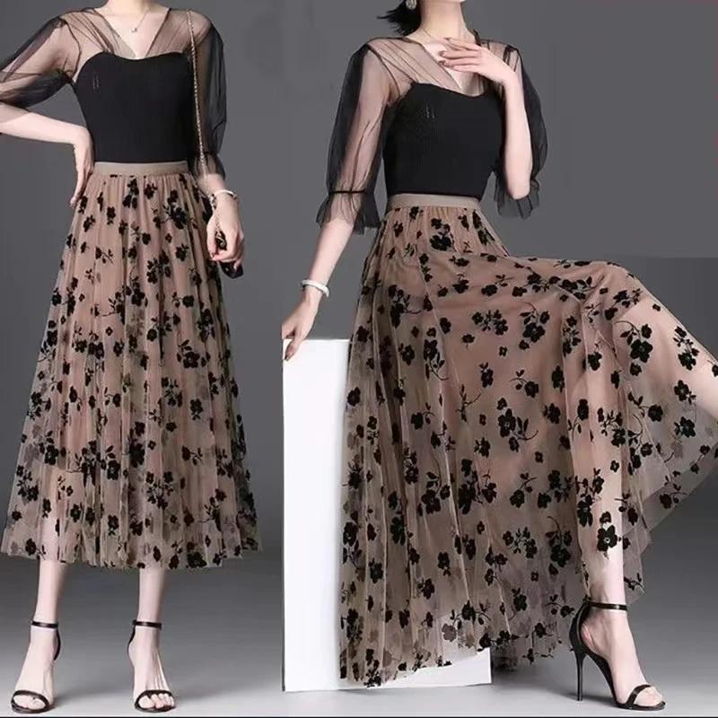 Femmes coréennes jupe en Tulle mode été crochet Floral jupe Midi ample élégant femme décontracté tou