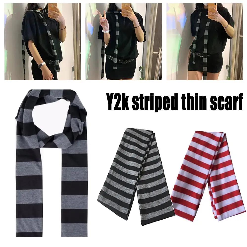 Y2K noir gris rayé écharpe pour femmes coton longue écharpe tour de cou écharpe Punk maigre mince co