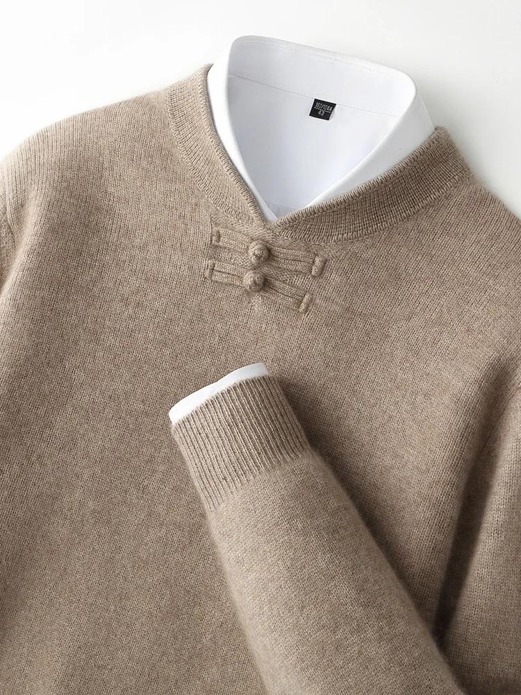 Nouveaux hommes 100% laine mérinos pull manches longues col montant pull cachemire doux disque boucl