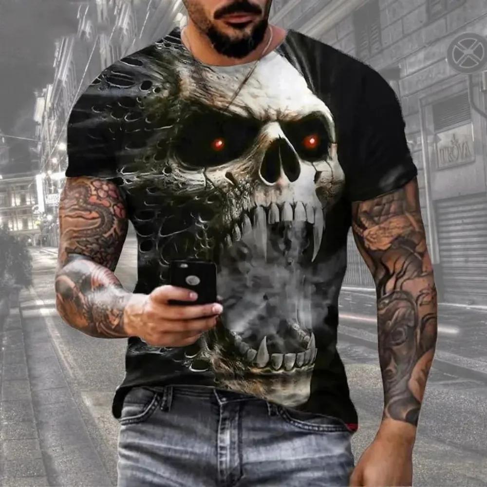 Horreur mort été hommes respirant col rond T-shirt crâne imprimé Halloween rue Hip Hop décontracté h
