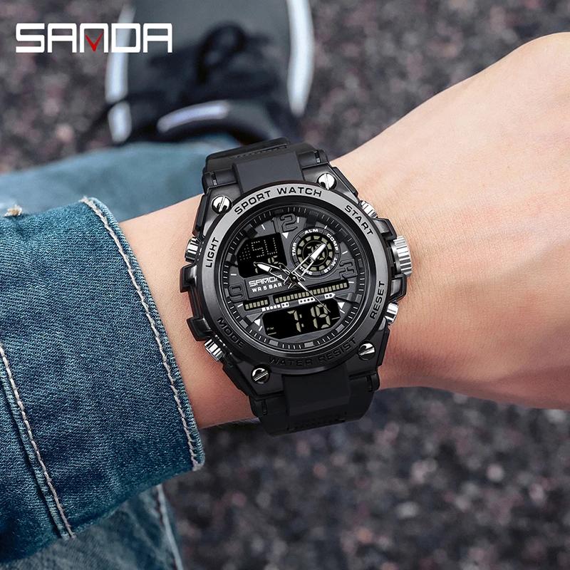 SANDA hommes sport montres à Quartz double affichage LED électronique numérique montres étanche mont