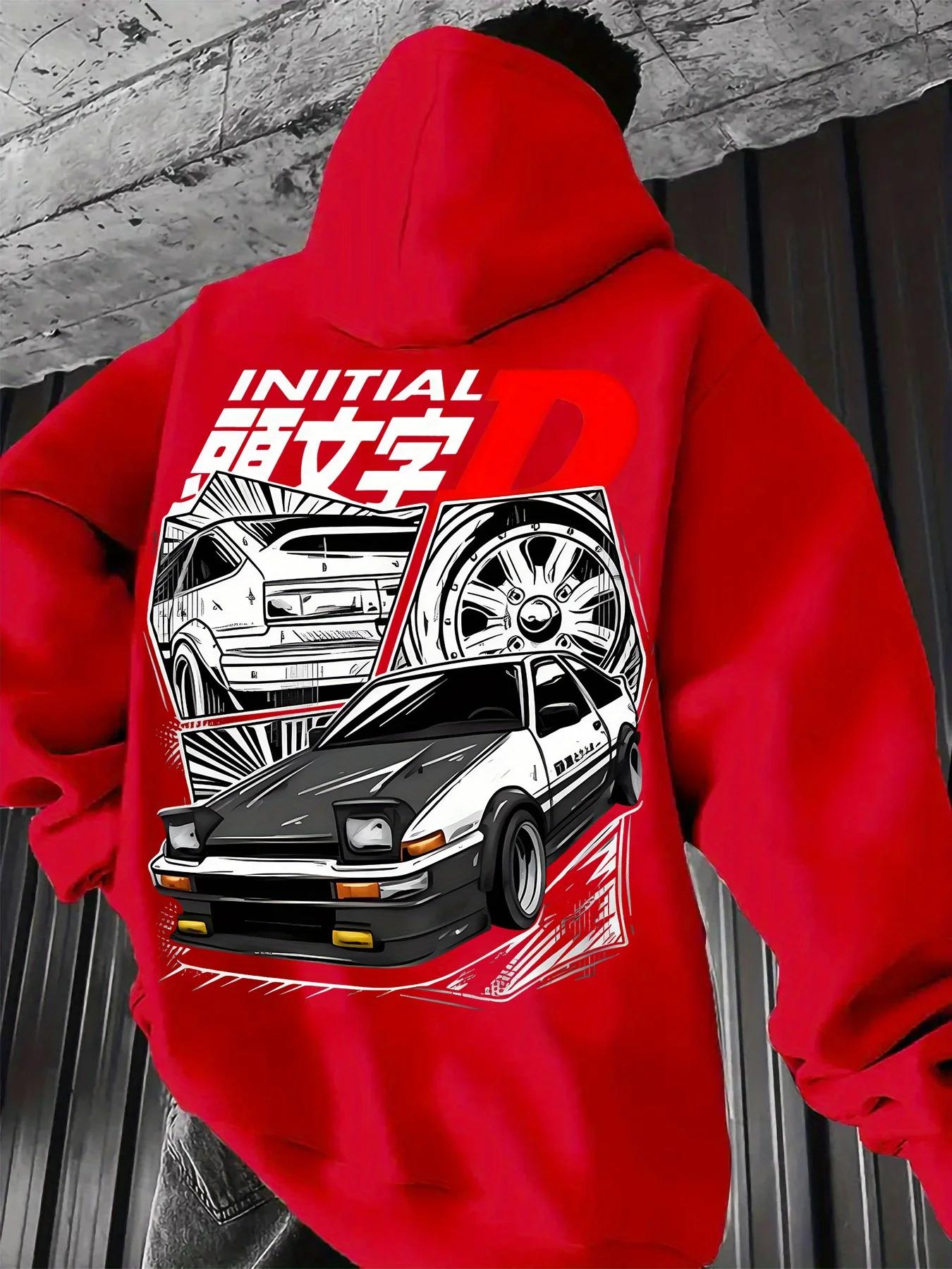 Sweat-shirt à capuche noir avec logo initial D avec illustration de voiture JDM emblématique, pull a