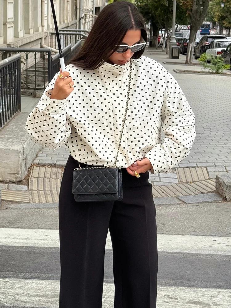 HH mode femmes à pois imprimé manteaux courts automne manches longues col roulé fermeture éclair ave