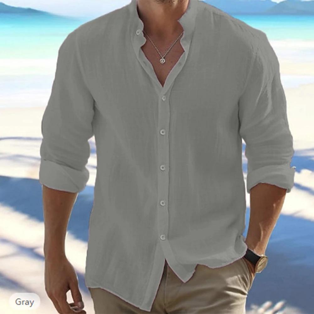 Chemises à manches longues pour hommes, en coton et lin, couleur unie, col montant, décontracté, Sty