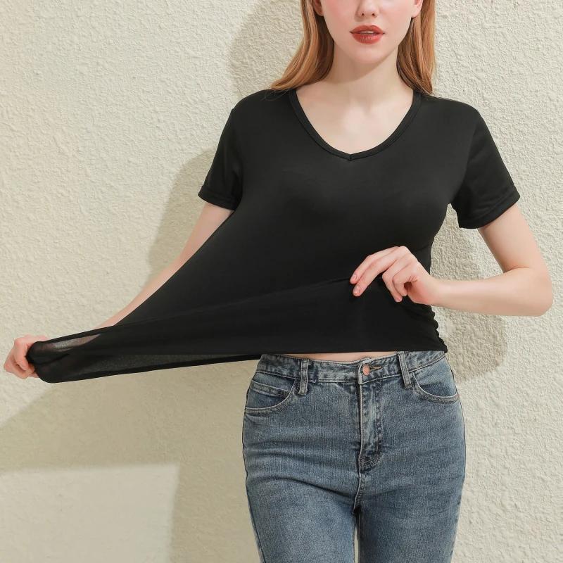 T-shirt manches courtes col en V pour femme, en coton, uni, slim, blanc et noir, décontracté
