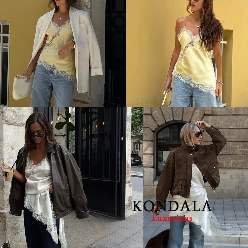 KONDALA Sexy Chic noir dentelle haut caraco femmes col en V Patchwork sans manches Y2K haut pour fil