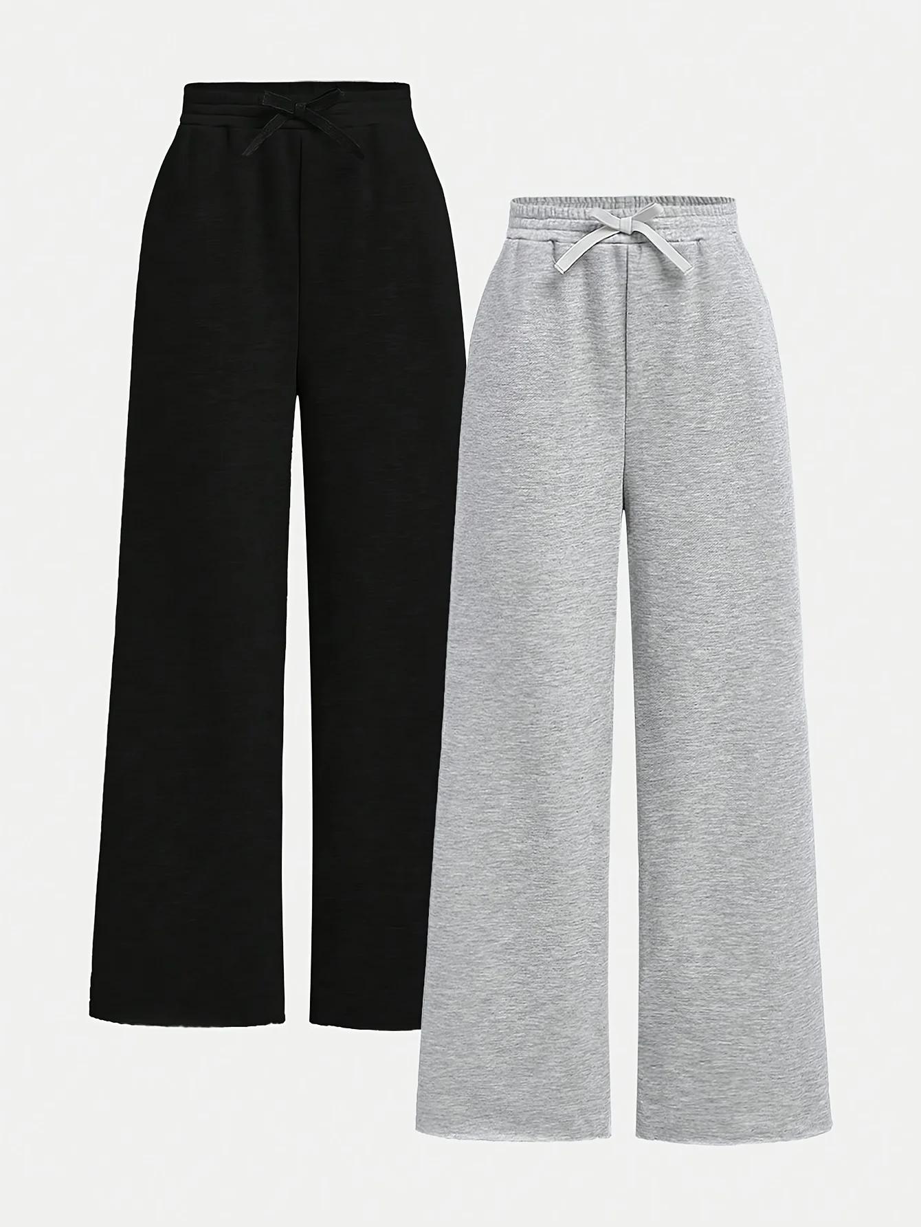 【Ensemble de 2 pièces】 Pantalon ample décontracté à jambes larges en tissu tricoté noir et gris pour