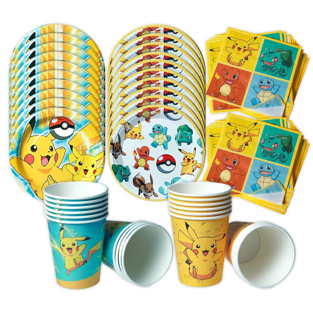 Vaisselle Pokemon Pikachu, 60 pièces, décoration d'anniversaire, gobelets jetables, assiettes, servi
