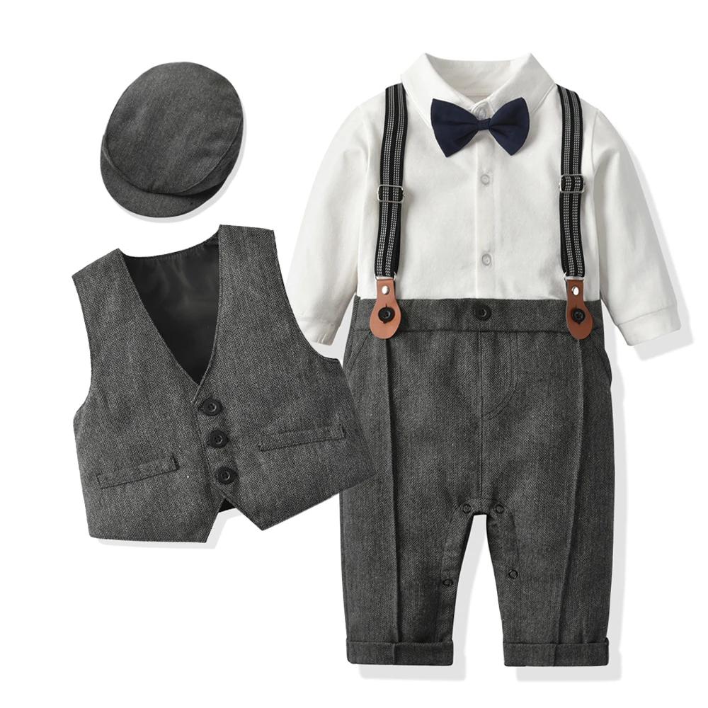 Ensemble formel bébé garçon Gentleman - Costume manches longues avec chapeau et gilet pour anniversaire