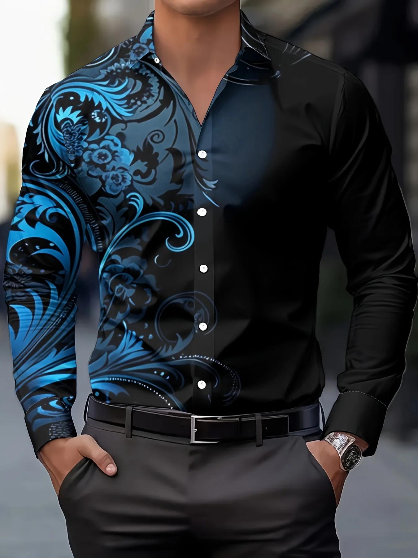 2025 Chemise à manches longues à imprimé floral dégradé pour hommes Décontracté Slim Fit Streetwear 